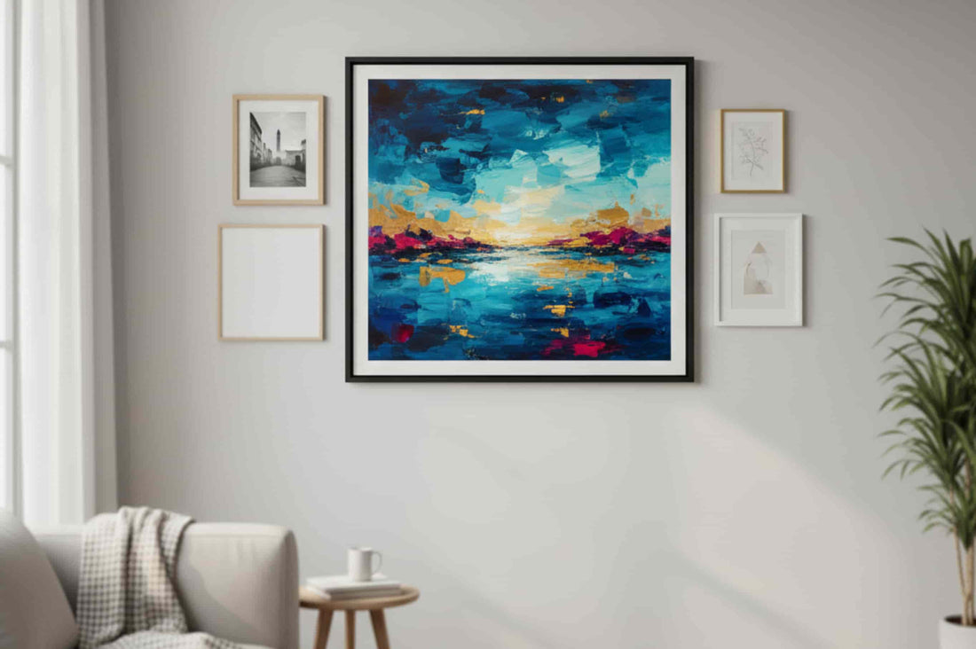 A modern living room interior with a large framed paint by numbers artwork as the focal point on a gallery wall, surrounded by smaller prints and photos, styled with soft natural lighting.