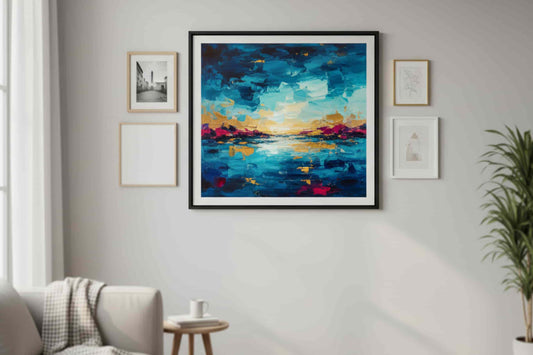 A modern living room interior with a large framed paint by numbers artwork as the focal point on a gallery wall, surrounded by smaller prints and photos, styled with soft natural lighting.