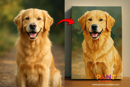 Before and after comparison showing a smiling golden retriever photo on the left and the completed custom paint by numbers canvas of the same dog on the right, highlighting the transformation into artwork.