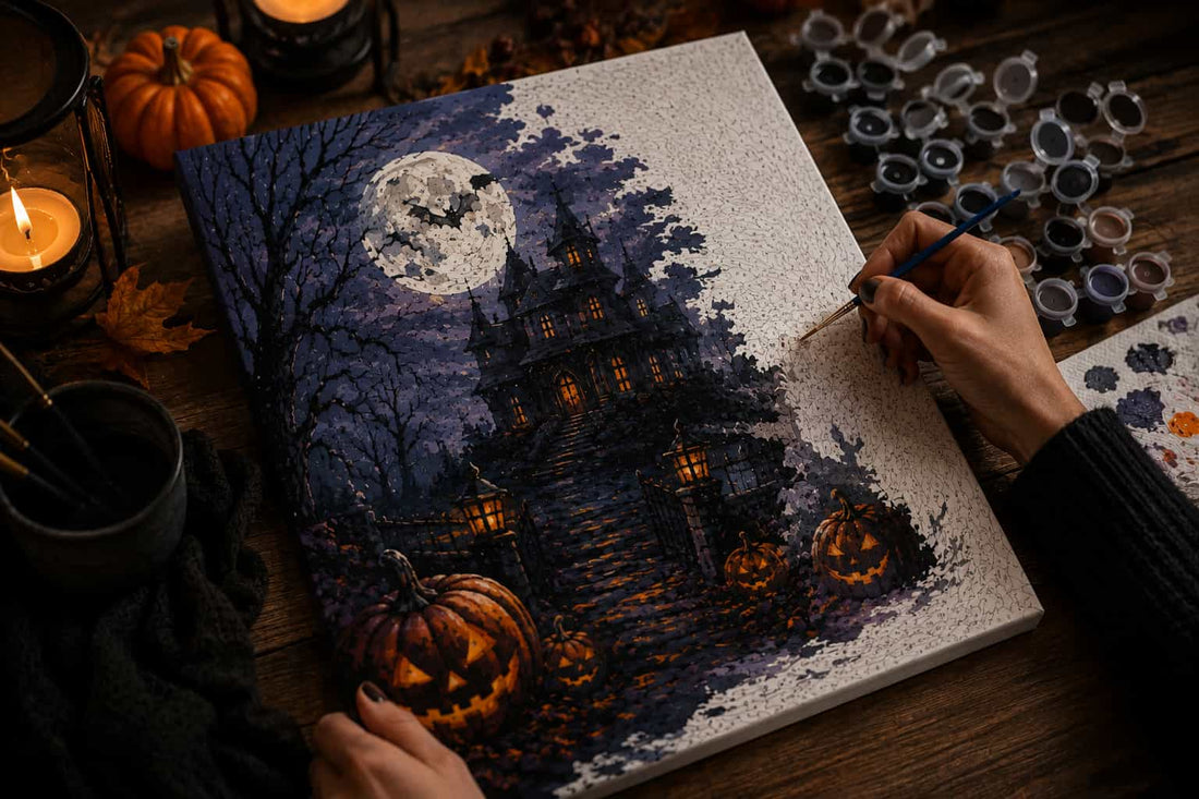 An adult painting a Halloween themed canvas at a table with numbered paint pots arranged in order, warm candlelight atmosphere