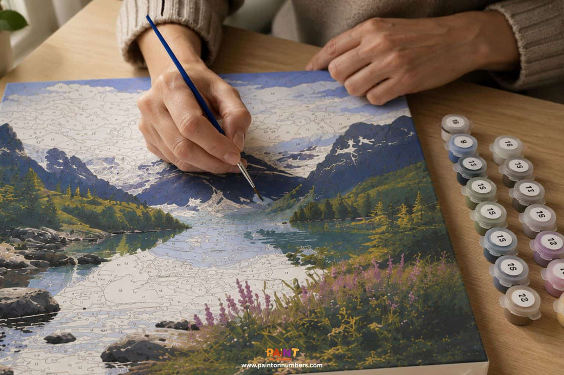 Adult hands painting a detailed paint by numbers canvas with a fine brush, numbered paint pots arranged to the side on a timber desk with natural light