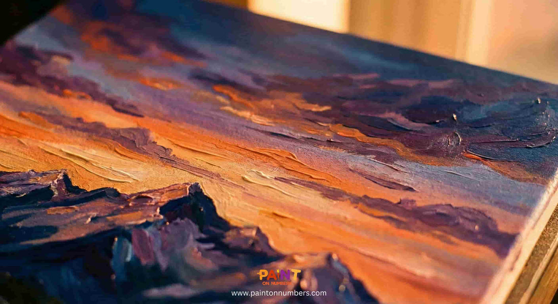 Close up of thick acrylic paint texture on canvas showing layered brush strokes and impasto depth.