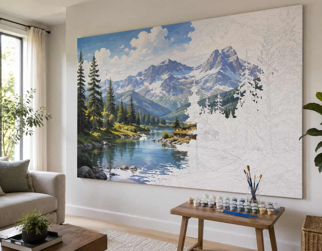 Large paint by numbers canvas displayed on a living room wall, showing a partially completed mountain landscape with paint pots and brushes nearby.