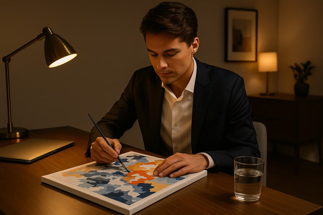 Man in a suit painting an abstract paint by numbers canvas at a desk with warm lamp lighting and a glass of water nearby