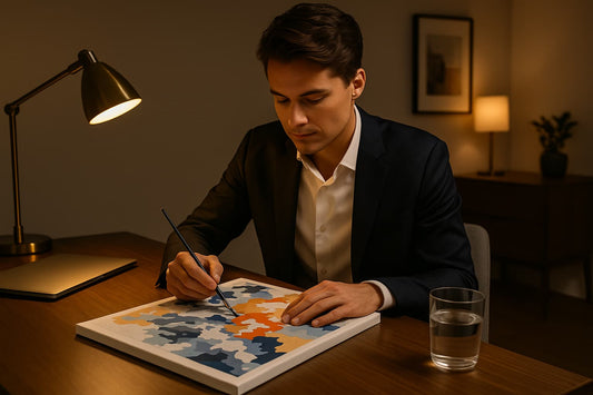 Man in a suit painting an abstract paint by numbers canvas at a desk with warm lamp lighting and a glass of water nearby