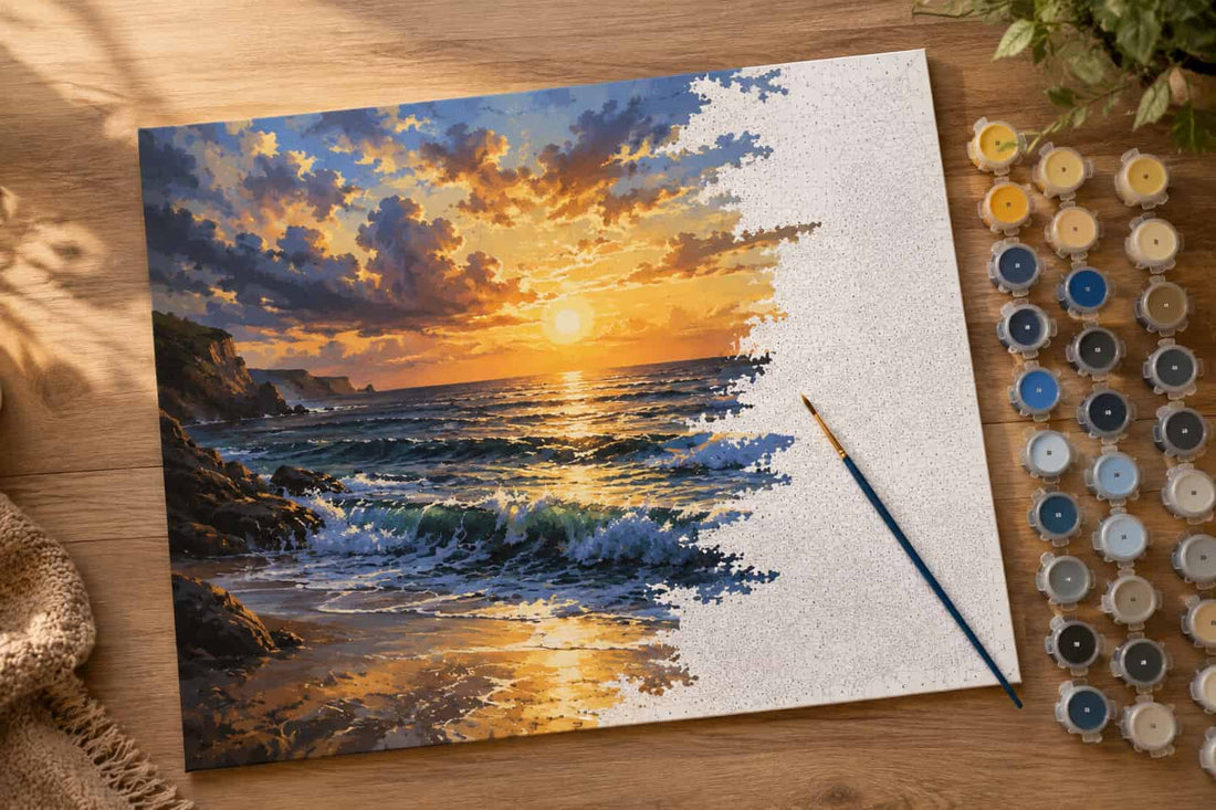 Paint by numbers ocean sunset canvas partially completed with deep blue waves and golden sky, surrounded by numbered paint pots and a fine brush on a wooden table.
