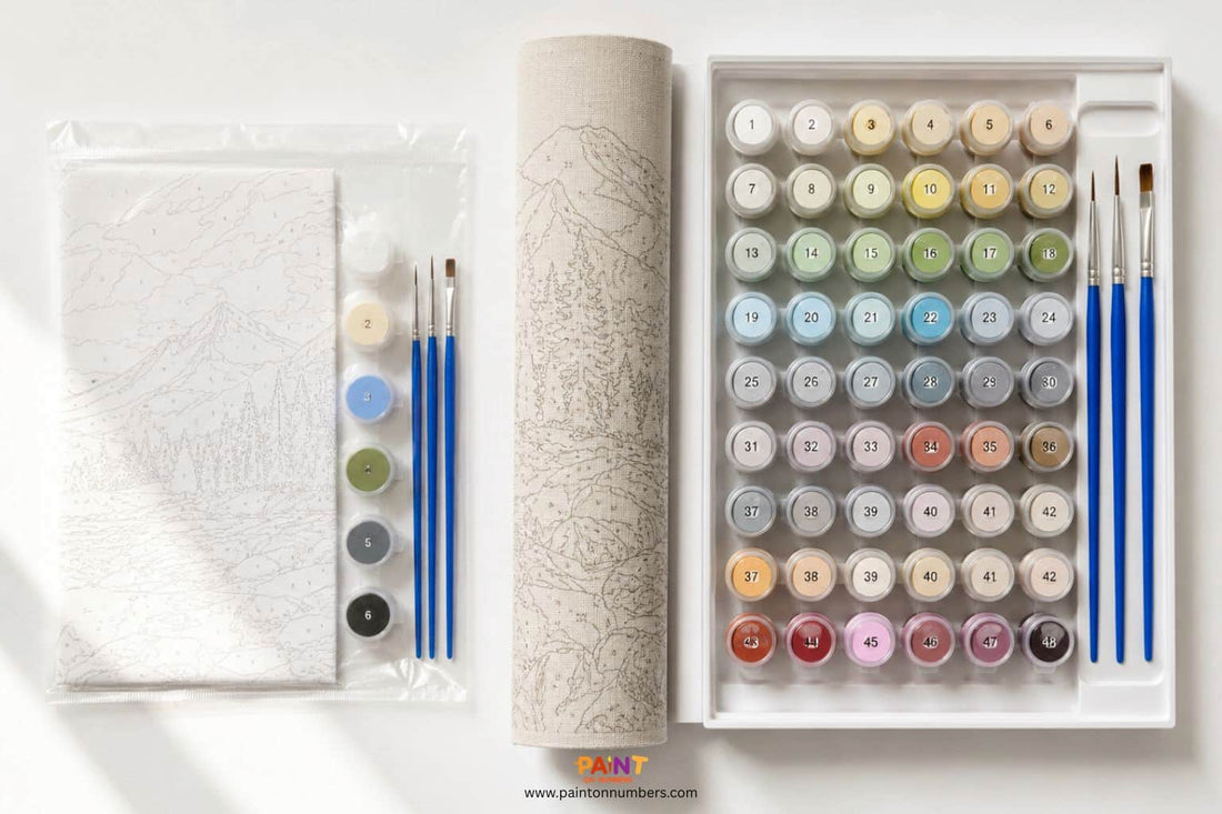 Side by side comparison of a budget paint by numbers kit and a premium linen canvas kit for Australian buyers
