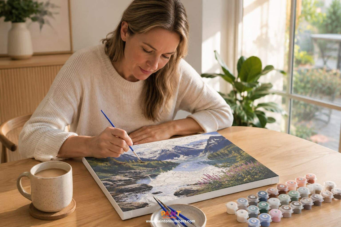 Adult woman in her 40s painting a detailed landscape paint by numbers canvas at a timber table with natural light and coffee nearby in a calm Australian home