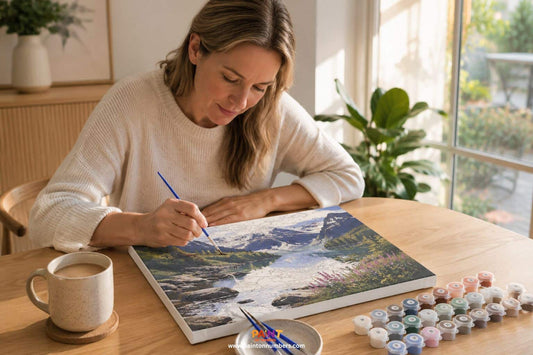 Adult woman in her 40s painting a detailed landscape paint by numbers canvas at a timber table with natural light and coffee nearby in a calm Australian home