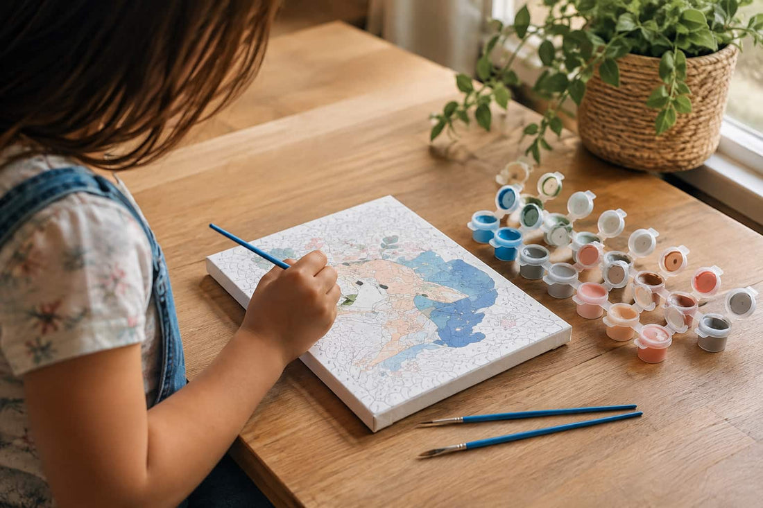 A child painting on a canvas with a paintbrush, seated at a wooden table with a set of small paint pots, two paintbrushes, and a potted plant nearby.