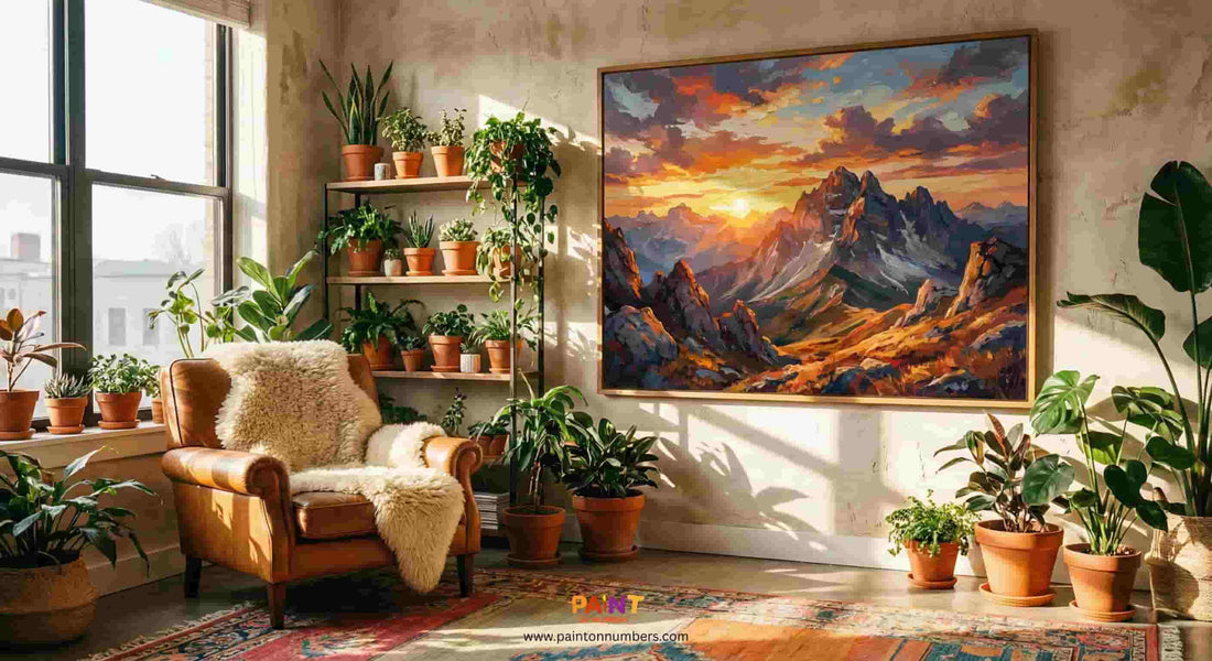 Framed paint by numbers mountain landscape artwork displayed in a cozy living room with plants and natural light