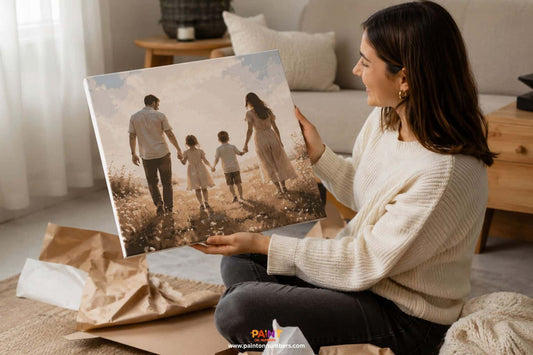 Woman holding a large photo of a family in a field, sitting on the floor in a cozy room.