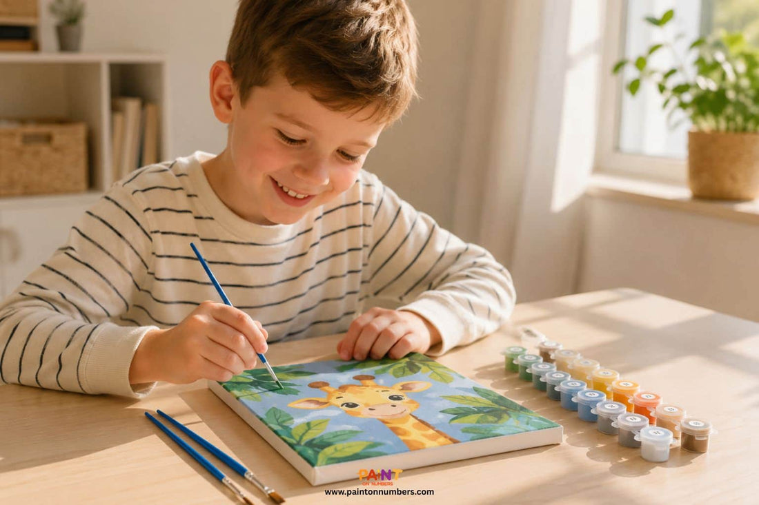 Young child aged around 7 carefully painting a colourful kids paint by numbers canvas at a timber table in a bright Australian home with natural window light