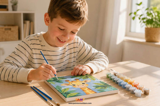 Young child aged around 7 carefully painting a colourful kids paint by numbers canvas at a timber table in a bright Australian home with natural window light