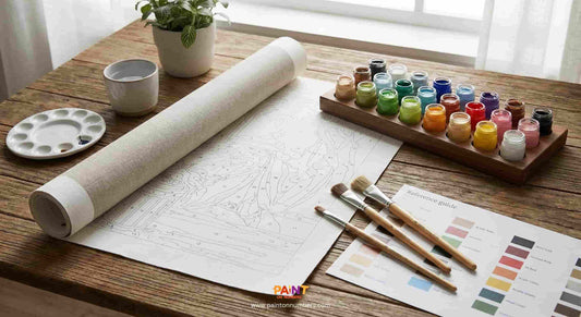 Paint by numbers kit with rolled canvas, numbered outline, acrylic paint pots, brushes, and color reference guide laid out on a wooden table.