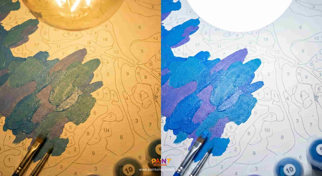 Split screen comparison showing how warm tungsten light distorts acrylic paint colors versus neutral daylight 5000K lighting.