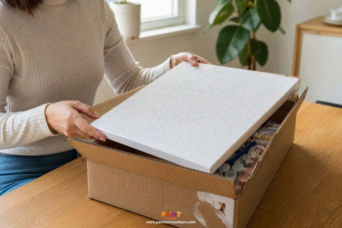Adult unboxing a paint by numbers kit delivered to their Australian home with a tracked delivery box on a timber table near a window