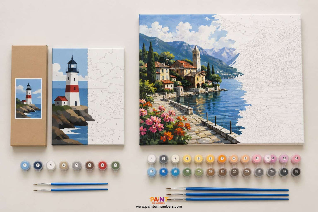 A side by side comparison scene showing a basic retail paint by numbers box next to a detailed premium paint by numbers canvas with a wider set of numbered paint pots