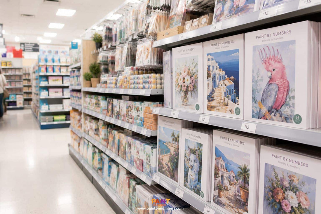 Paint by numbers kits displayed on retail store shelves featuring a variety of landscape, floral, and animal designs in a brightly lit craft aisle.