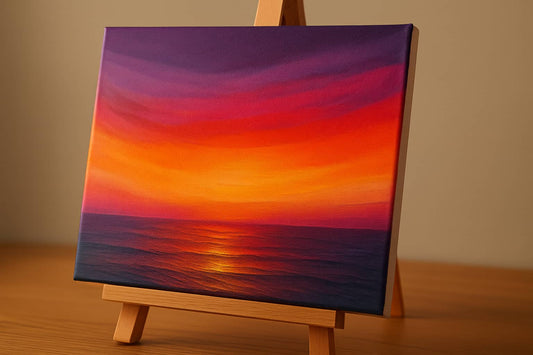 Close-up product photo of a finished paint-by-numbers canvas on a wooden easel, showing a seamless sunset gradient from deep purple to pink/red to vibrant orange over the ocean; crisp canvas weave and acrylic texture under soft, warm side lighting.