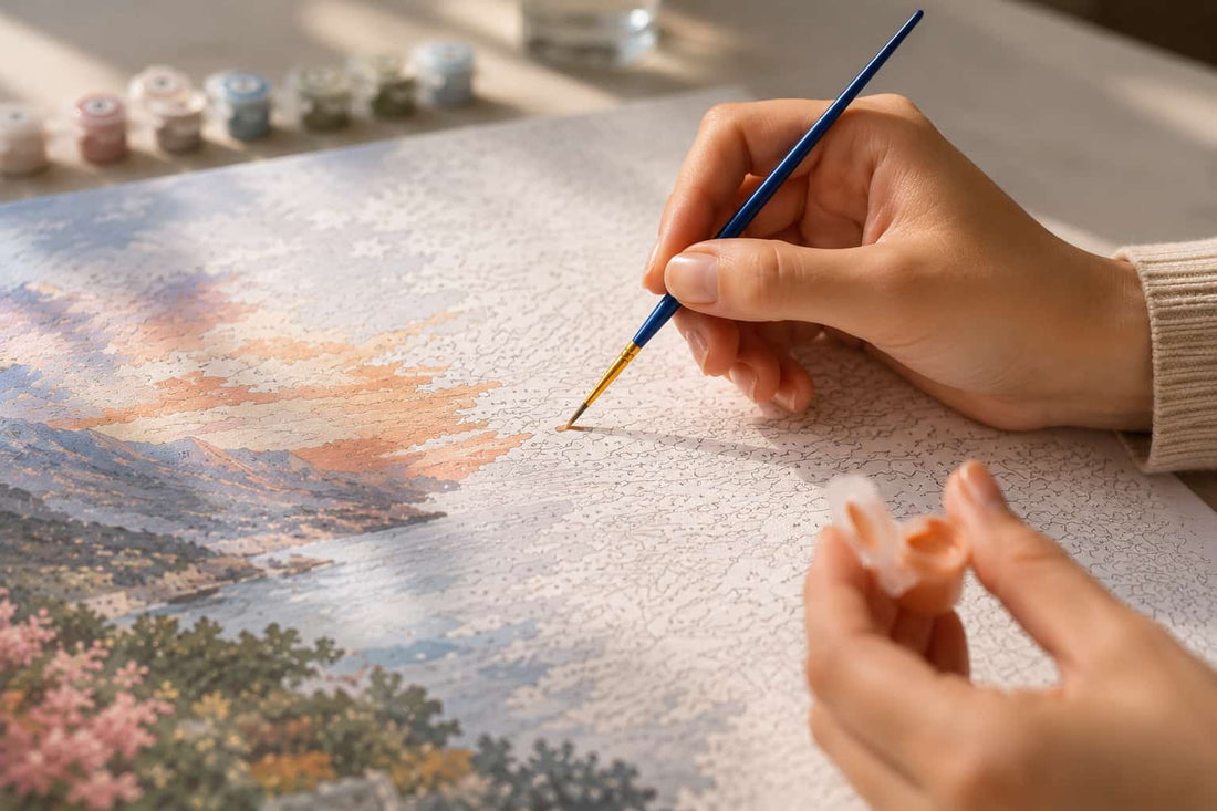 A close-up of a person's hands painting a scenic landscape diamond painting or canvas print, using a fine paint brush on a textured white surface with small paint pots in the background.
