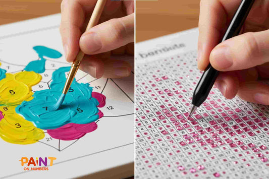 Close-up comparison of paint by numbers and diamond painting, showing a brush painting numbered canvas and a pen placing gems.