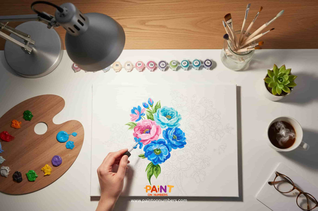 Top-down view of a paint by numbers floral artwork in progress, surrounded by paint pots, palette, brushes, and a cup of coffee.