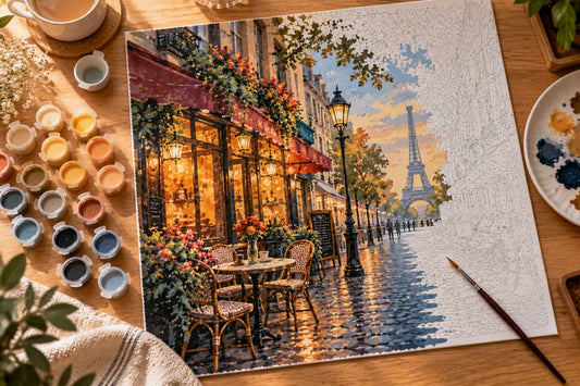 A partially completed paint by numbers kit art kit depicting a Parisian street scene with the Eiffel Tower, cafe tables, flowers, and a lamppost, displayed on a wooden table with paint pots, a paintbrush, and painting supplies.