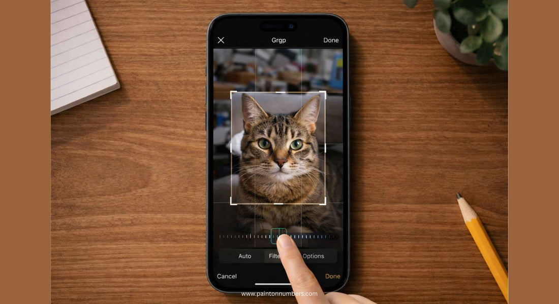 A smartphone screen showing a tight crop being applied to a photo of a cat to remove a cluttered background before creating a custom paint by numbers kit.