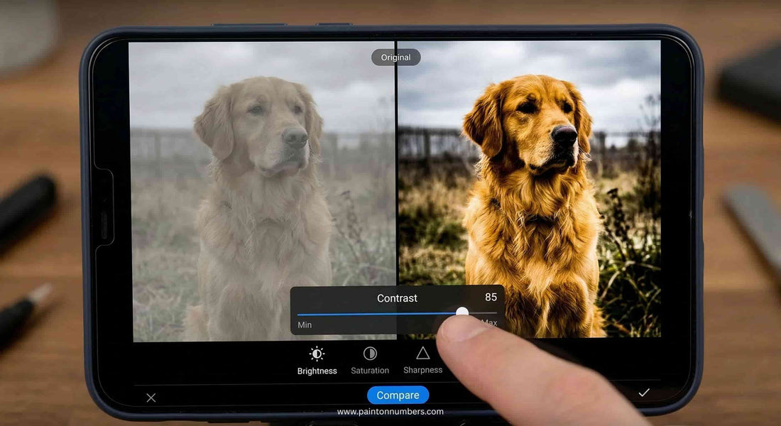 A side-by-side comparison showing a flat, low-contrast photo next to a high-contrast photo optimized for a custom paint by numbers kit.