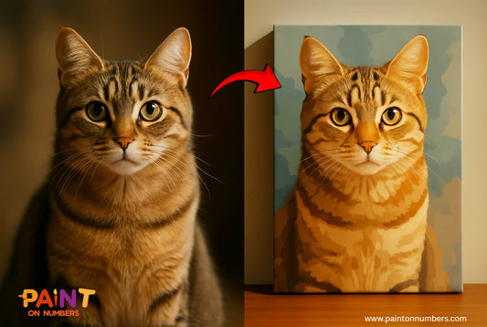 Before and after comparison showing a tabby cat photo on the left and a completed custom paint by numbers canvas of the same cat on the right, demonstrating the transformation into a pet portrait.