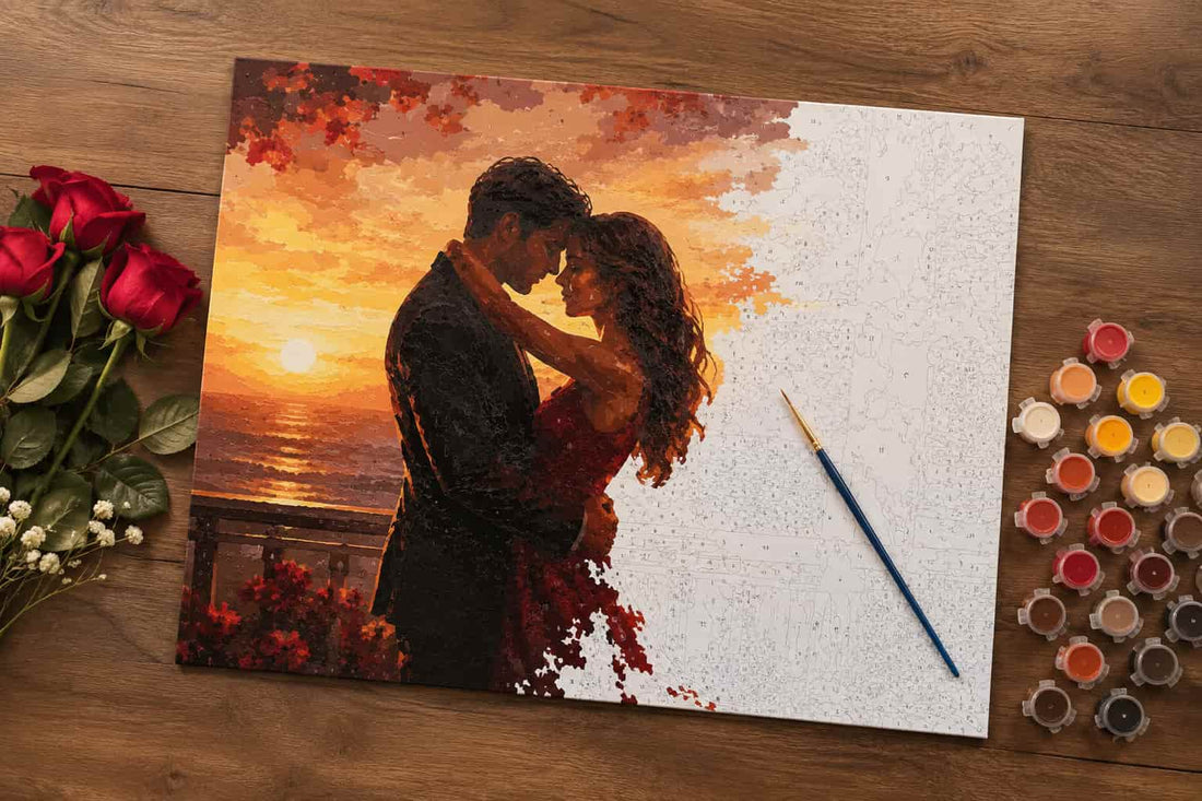 A canvas print of a couple embracing at sunset, styled on a wooden table with a paintbrush, paint pots, and red roses.