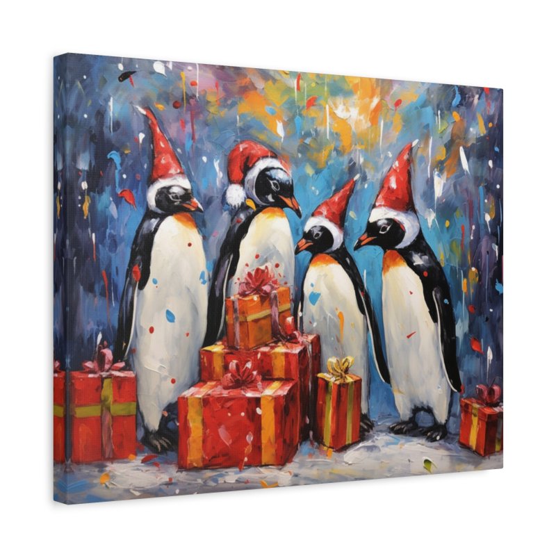 Four penguins wearing red hats gathered around colorful wrapped gift boxes, painted in a vibrant, abstract style with a festive background.