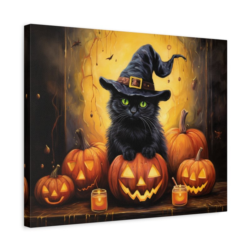 Black cat wearing a witch hat sitting on carved Halloween pumpkins with glowing candles, set against a warm, spooky autumn background.