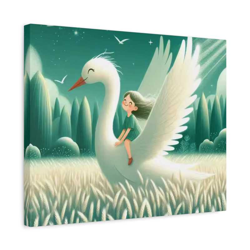 Young girl riding a graceful white swan through a dreamy green landscape, with soft light, birds in the sky, and a whimsical, storybook style.