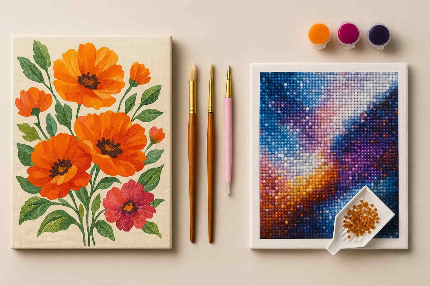 Flat lay photograph of two partially completed canvases, a floral paint by numbers on the left and an abstract diamond painting on the right, with brushes, a diamond pen, paint pots, and resin gems neatly arranged on a light grey surface.