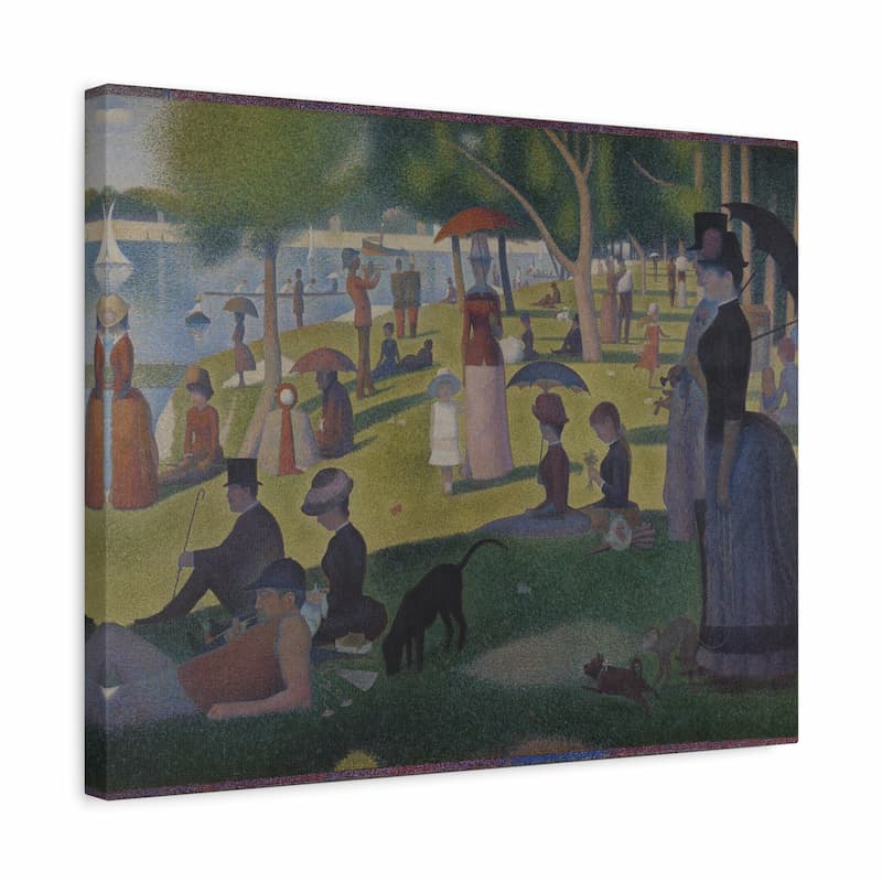Famous painting of a park scene with people and umbrellas on a canvas