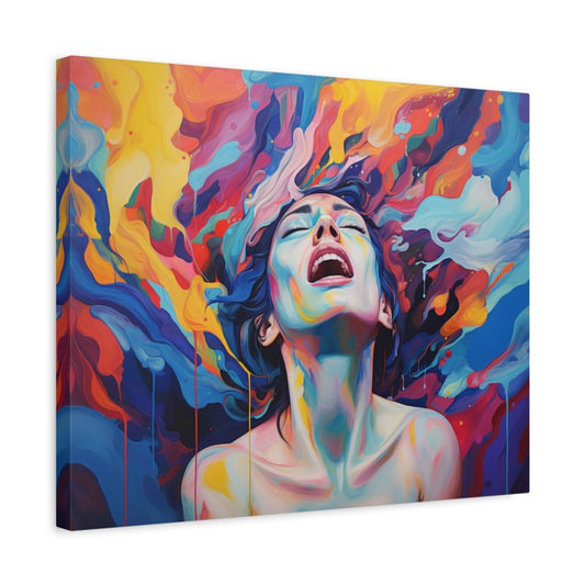 Paint by numbers kit of a colorful abstract woman with expressive face surrounded by vibrant swirling colors shown in a frame