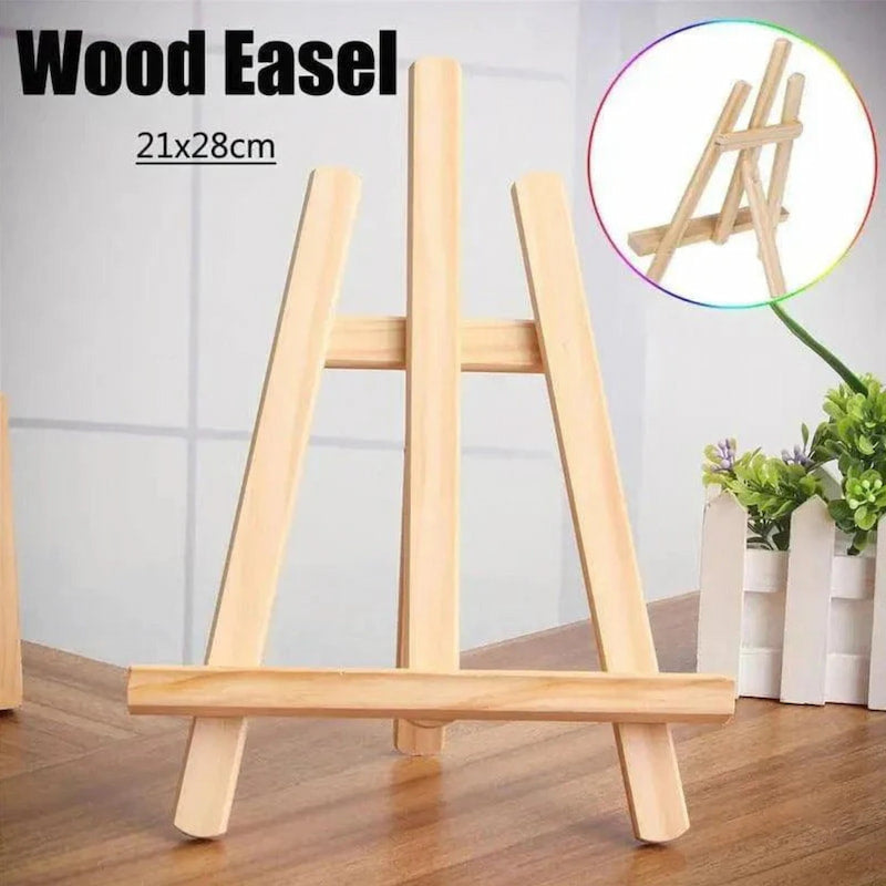 Wooden easel with dimensions 21x28cm on a wooden floor.