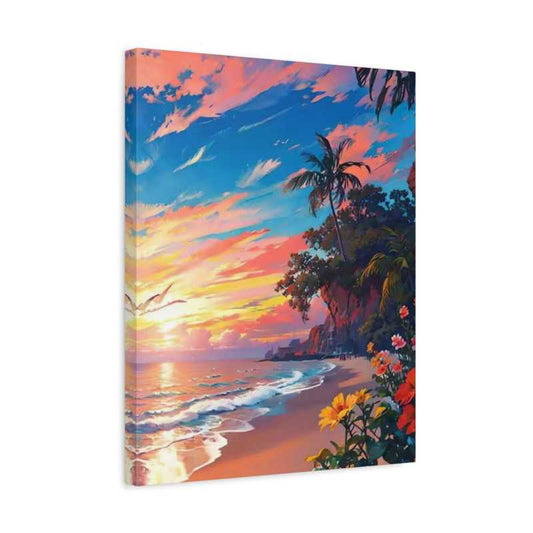 Canvas print of a tropical sunset scene with palm trees and flowers.