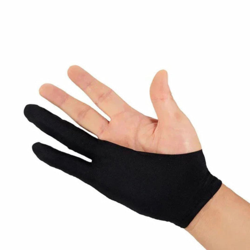 Black glove on a hand against a white background