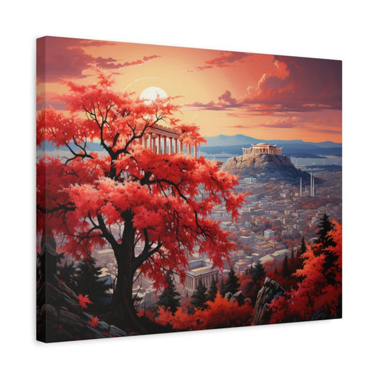 Paint by numbers kit of the Acropolis in Athens at sunset with vibrant red autumn trees, ancient temples, and a panoramic city view, ideal for travel-inspired wall art shown in a frame