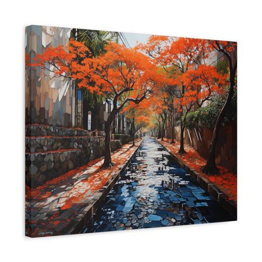 Paint by numbers artwork of a fiery autumn pathway lined with red-orange trees, stone walls, and a reflective water canal in a modern mosaic oil painting style shown in a frame