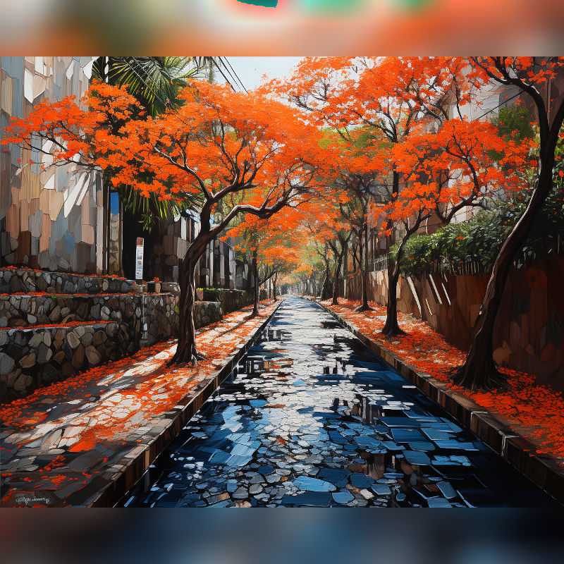 Paint by numbers artwork of a fiery autumn pathway lined with red-orange trees, stone walls, and a reflective water canal in a modern mosaic oil painting style