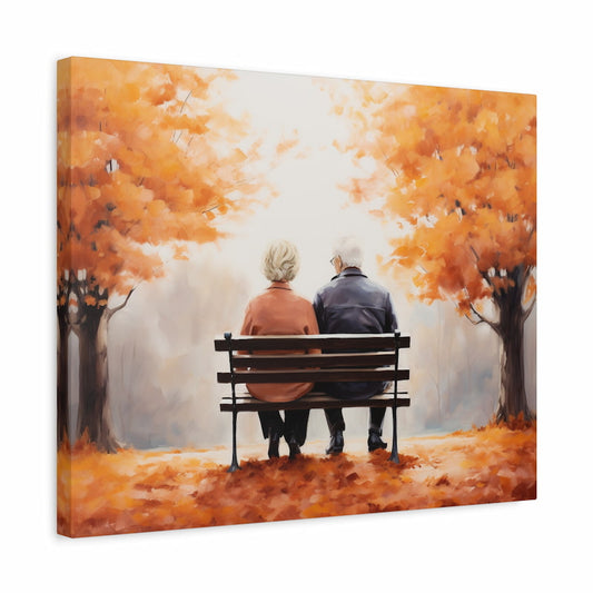 Paint by numbers artwork of an elderly couple sitting on a bench under orange autumn trees, symbolizing love, companionship, and nostalgia shown in a frame