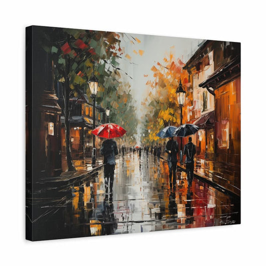 A rainy autumn street scene with glowing street lamps, people walking with umbrellas, and golden leaves reflecting on wet cobblestones shown in a frame