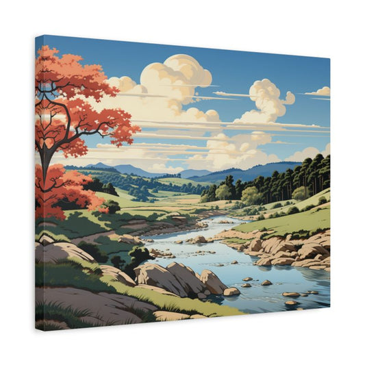Paint by numbers artwork of a peaceful autumn river valley with an orange tree, rolling green hills, distant blue mountains, and dramatic clouds in a calm scenic landscape shown in a frame