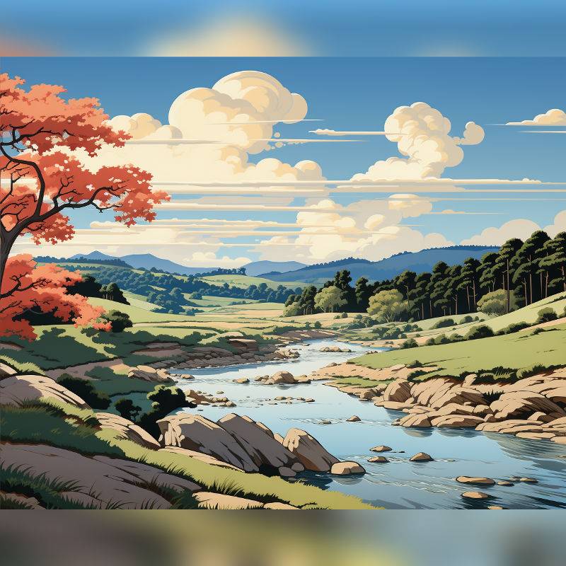 Paint by numbers artwork of a peaceful autumn river valley with an orange tree, rolling green hills, distant blue mountains, and dramatic clouds in a calm scenic landscape