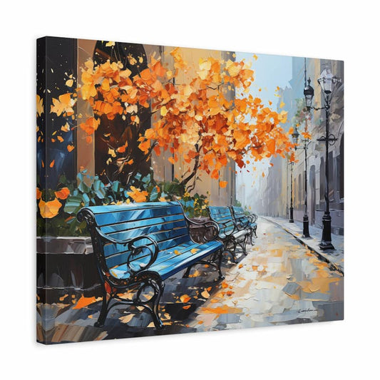 Paint by numbers kit of a quiet autumn street with orange leaves and blue benches shown in a frame.