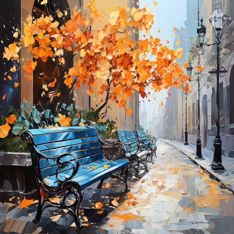 Paint by numbers kit of a quiet autumn street with orange leaves and blue benches.